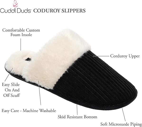 Cuddl Duds Women Indoor Corduroy Foam Insole Cozy Faux Fur Lining Clog Slip On Slipper House Shoes With Skid Resistant Bottom