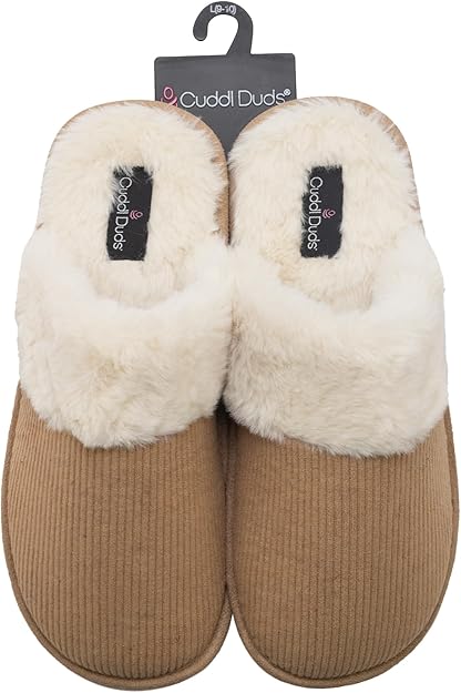 Cuddl Duds Women Indoor Corduroy Foam Insole Cozy Faux Fur Lining Clog Slip On Slipper House Shoes With Skid Resistant Bottom