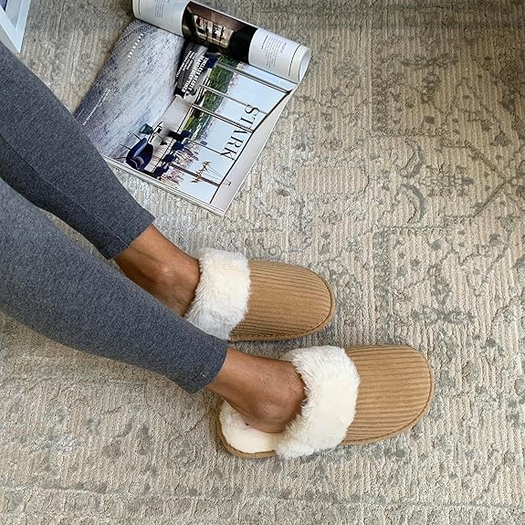 Cuddl Duds Women Indoor Corduroy Foam Insole Cozy Faux Fur Lining Clog Slip On Slipper House Shoes With Skid Resistant Bottom